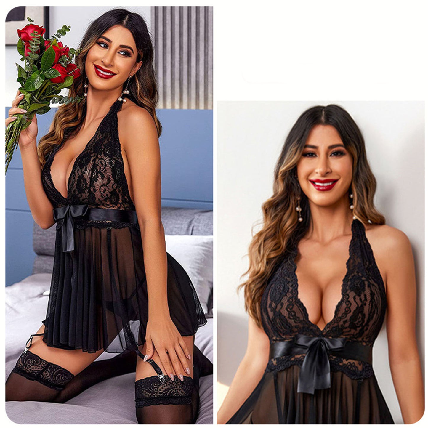 Lingerie for Women Elegant Lace Pajamas Set V Neck Sexy Nightgowns Perfect for All Seasons, Black