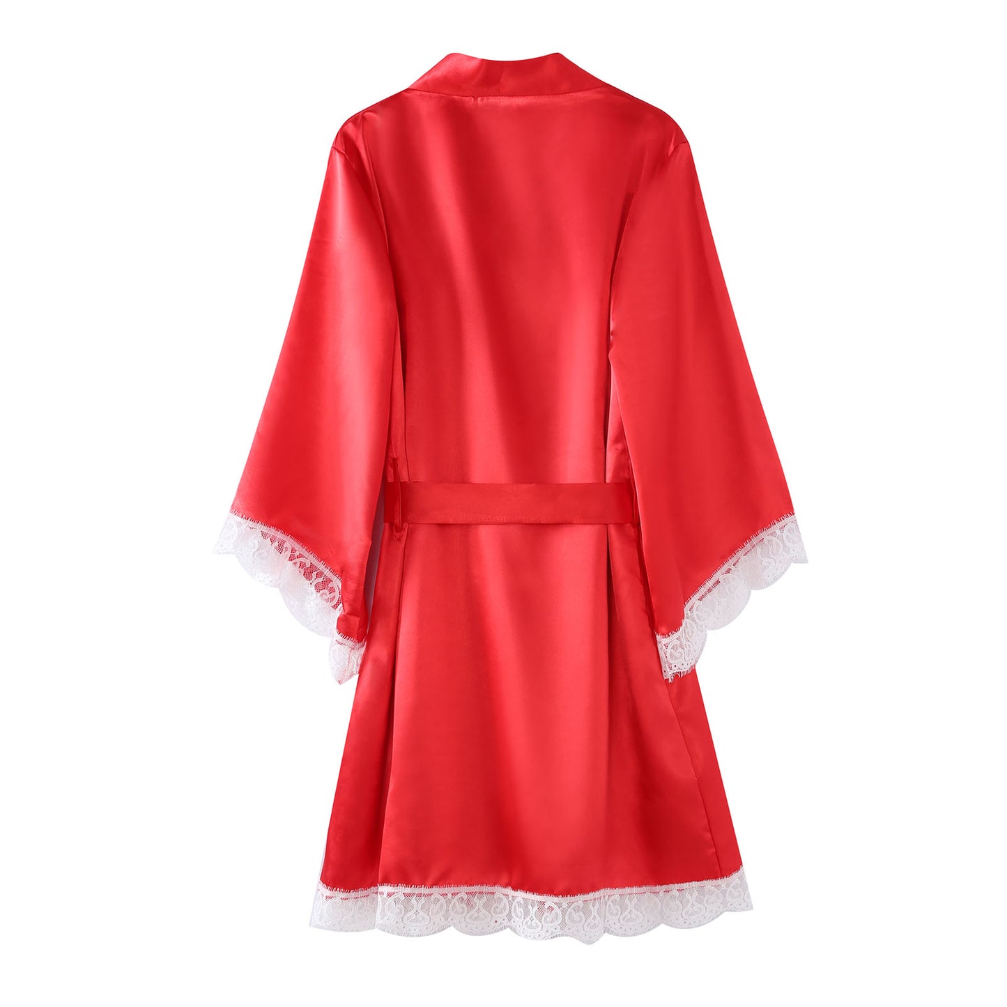 Women's Silk Robe Set 2-Piece - Lace Camisole & 3/4 Sleeve Robe - Red - L