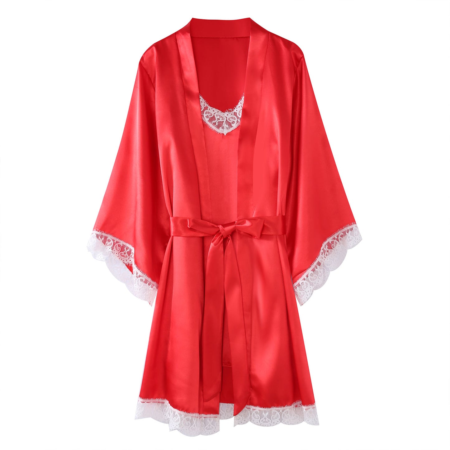 Women's Silk Robe Set 2-Piece - Lace Camisole & 3/4 Sleeve Robe - Red - L