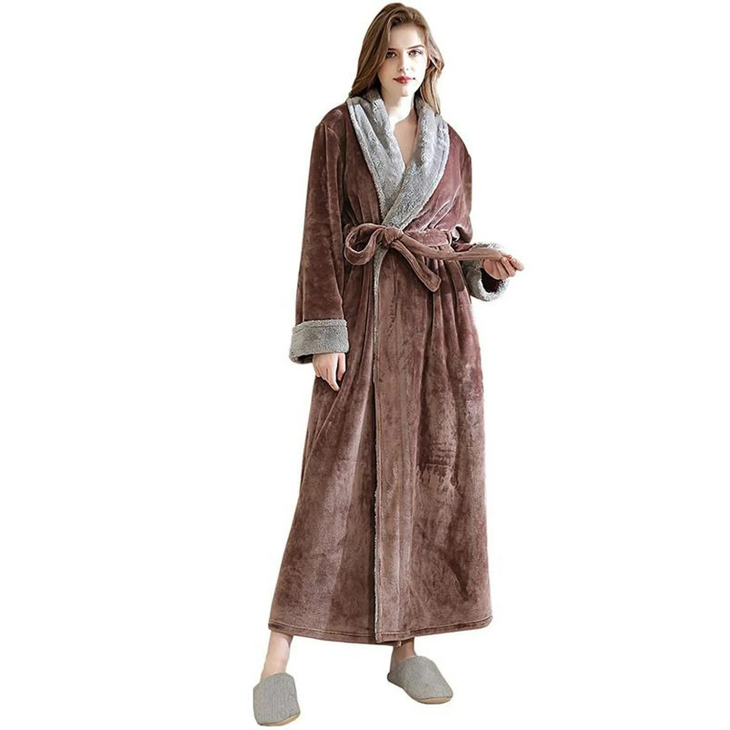 Fleece Long Robe Warm Flannel Sherpa Trim Plush Bathrobe with Belt Pockets