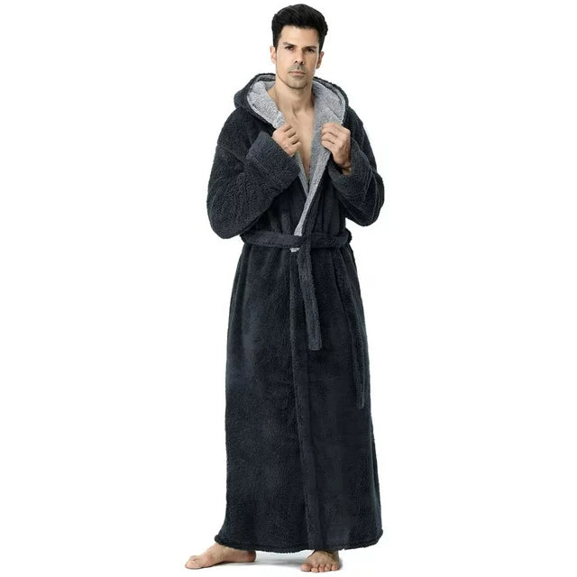 AMITOFO Long Robes for Men with Hood & Pockets，Soft Plush Full Length Hooded Bathrobe Winter Warm Fleece Sleepwear Shawl Collar Housecoat ,Size M-XXL & Gray