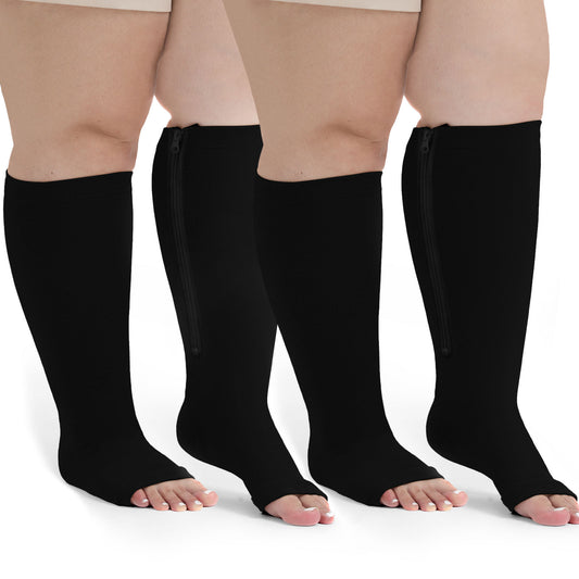 Compression Socks for Women: AMITOFO Open Toe Compression Socks for Women Men 20 30 mmHg with Zipper - Toeless Compression Socks Wide Calf Plus Size Improves Blood Circulation Relieves Swell