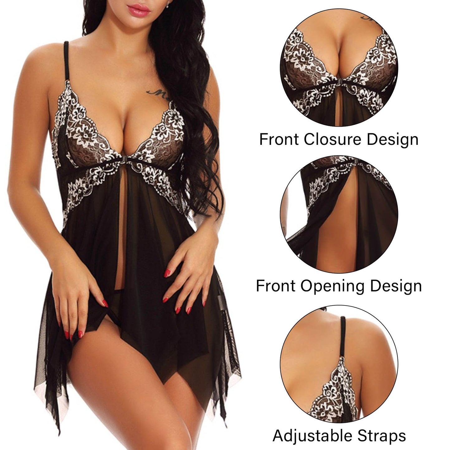 Lingerie for Women，AMITOFO Lace Babydoll Sexy Lingerie Set Front Closure Gowns, Sexy V Neck Lingerie Sets for Women, Sexy Chemise Womens Nighties, Black 2XL