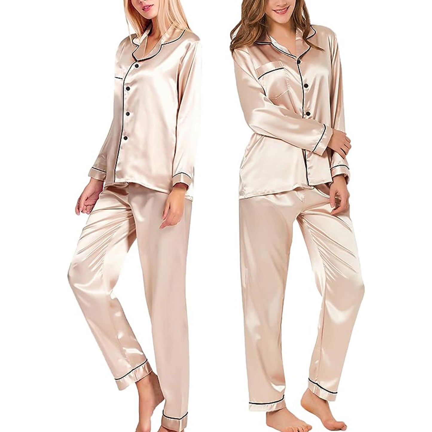 Satin Pajamas for Women 2-Piece Silk Pajama Set Long Sleeve Sleepwear - Champagne