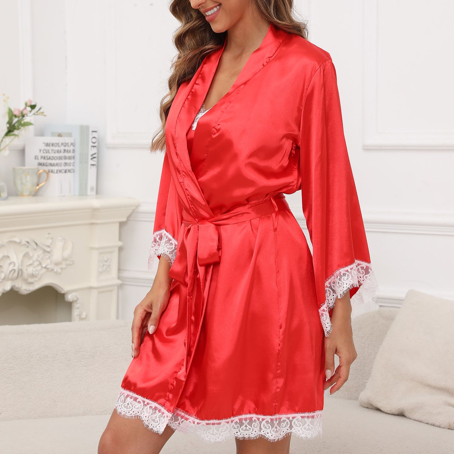 Women's Silk Robe Set 2-Piece - Lace Camisole & 3/4 Sleeve Robe - Red - L