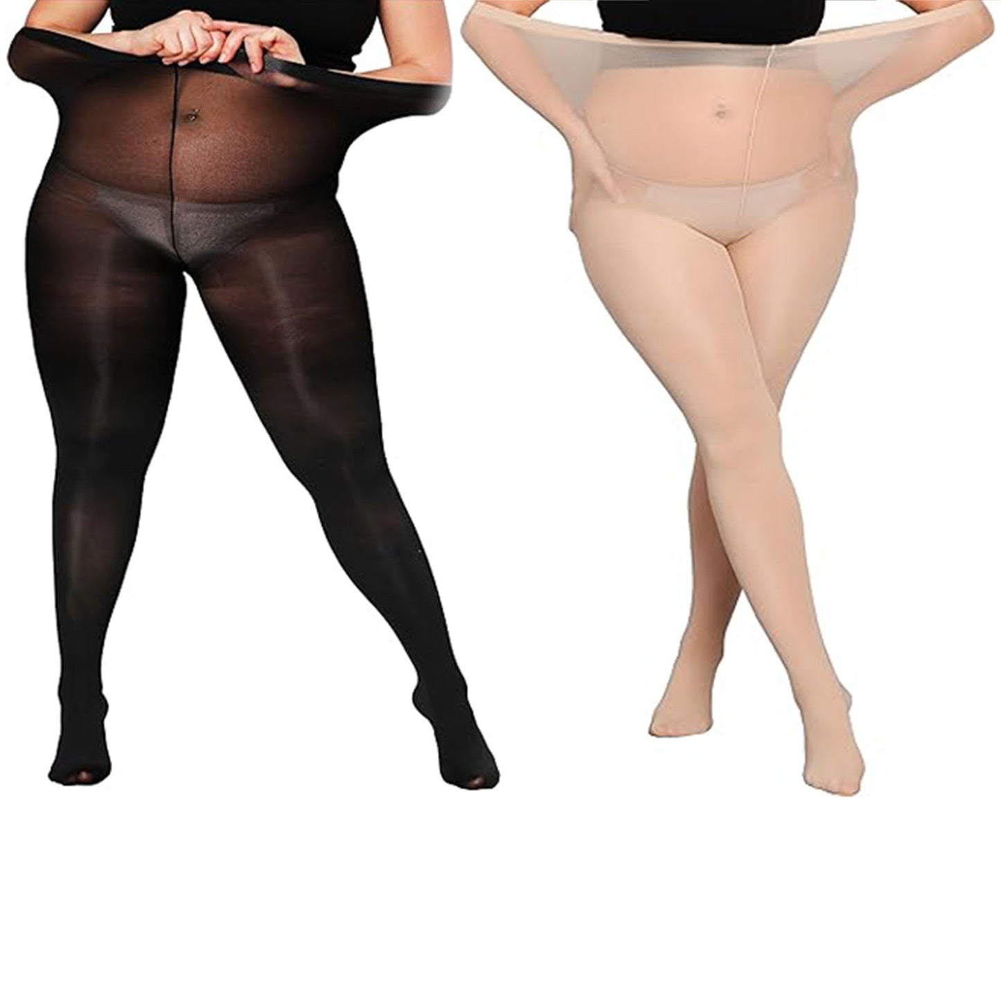 Plus Size Pantyhose for Women Nylon Sheer Tights 8D Ultra-Thin Anti-Snag Stockings, 2-Pack, Black & Nude