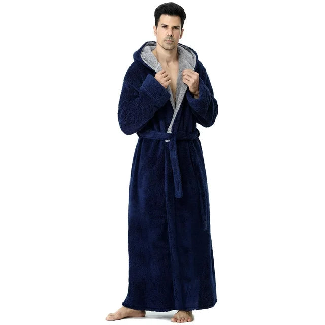 AMITOFO Long Robes for Men with Hood & Pockets，Soft Plush Full Length Hooded Bathrobe Winter Warm Fleece Sleepwear Shawl Collar Housecoat ,Size M-XXL & Gray