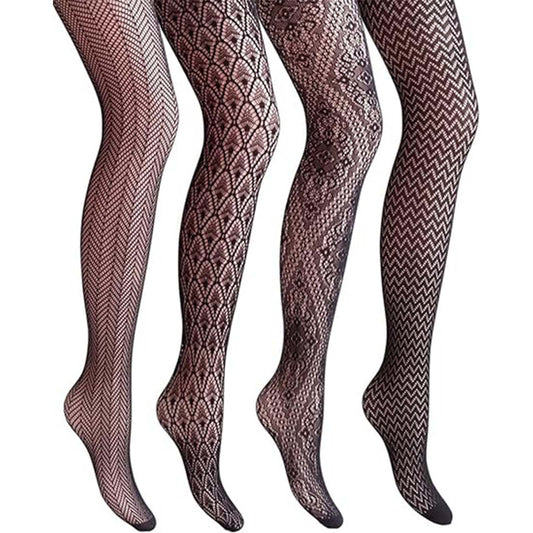 Fishnet Stockings Thigh Highs Tights Patterned Fishnet Pantyhose for Women, 4-Pack, Black