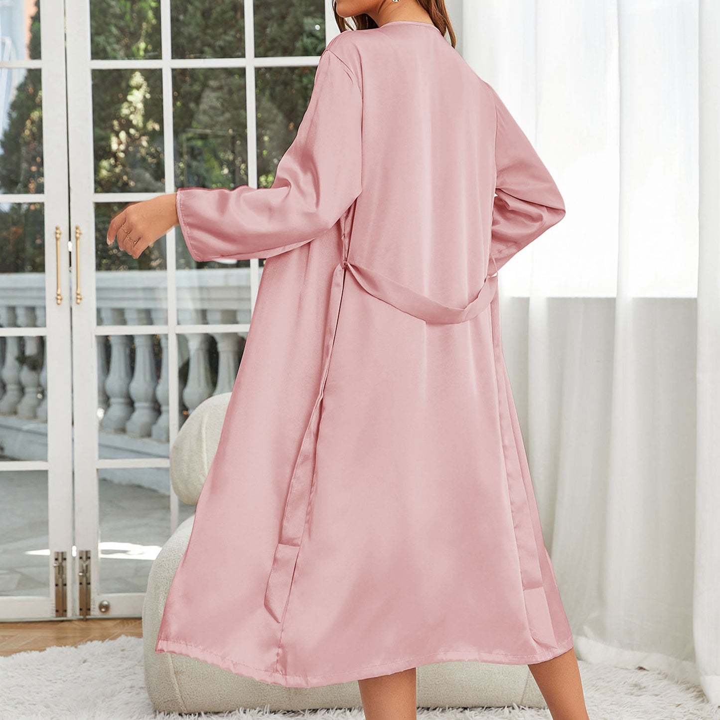 Women's Silk Robe Set 2-Piece - Satin Camisole Nightgown and Long Sleeve Robe - Pink - L