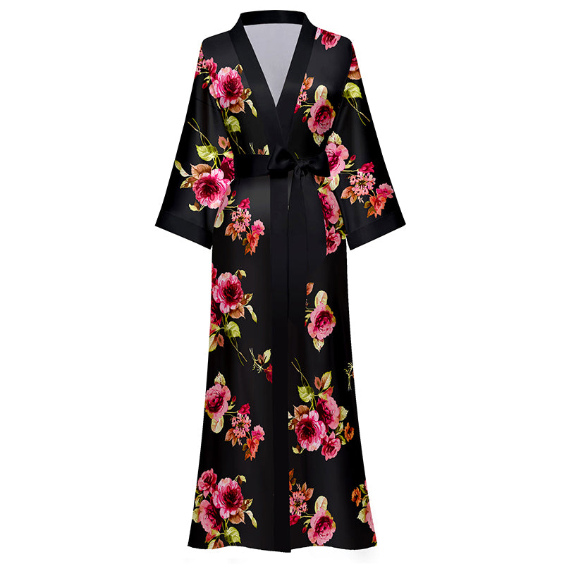 AMITOFO Long Silk Kimono Robes for Women Lightweight Silky Satin Floral Bathrobe Soft Cozy Ladies Housecoat Loungewear