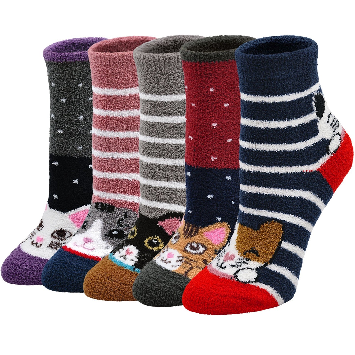 AMITOFO 5 Pairs Women Fuzzy Socks Cute Cat Pattern Cozy Plush Sleeping Slipper Socks Winter Warm Soft Fluffy Crew Socks