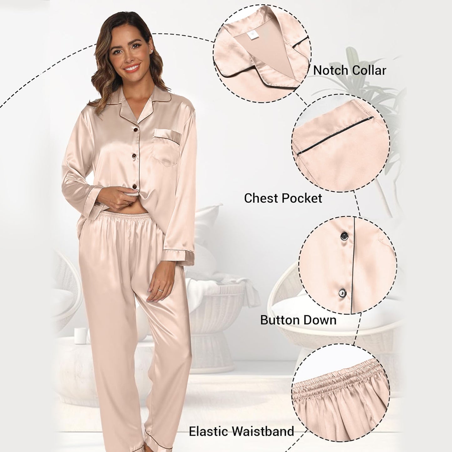 Satin Pajamas for Women 2-Piece Silk Pajama Set Long Sleeve Sleepwear - Champagne