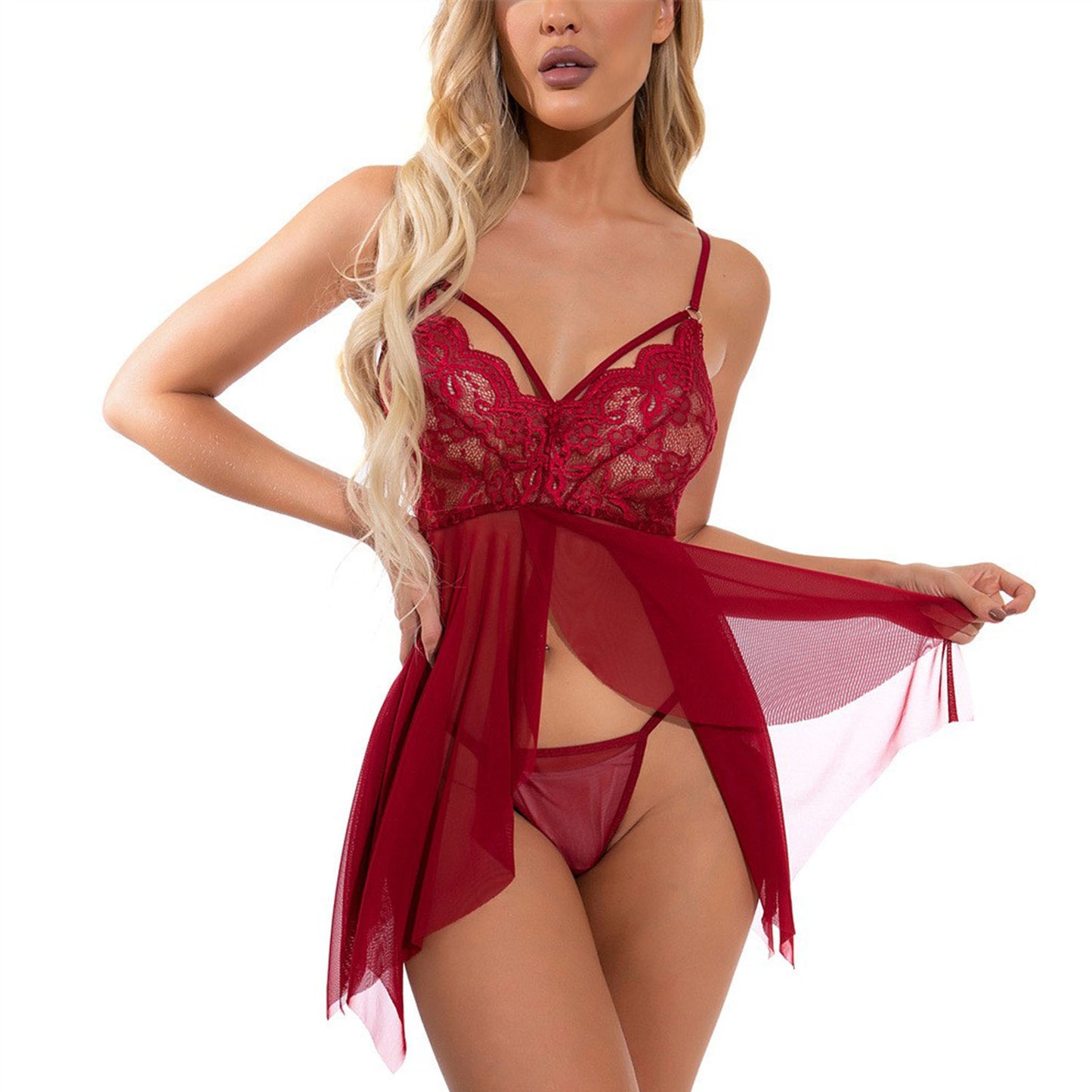 Sexy Lingerie for Women Lace Babydoll Sets Sleepwear for Women - Burgundy