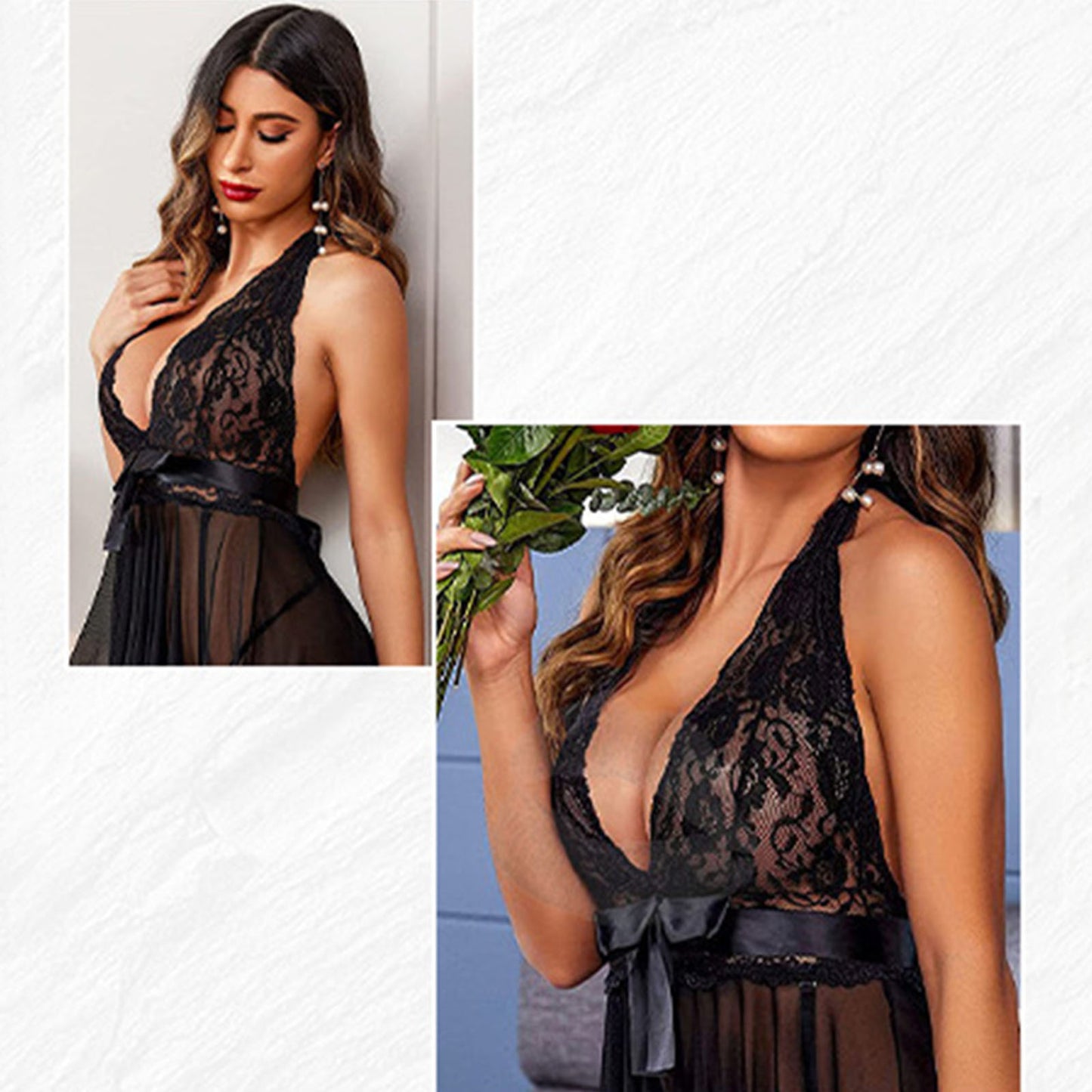 Lingerie for Women Elegant Lace Pajamas Set V Neck Sexy Nightgowns Perfect for All Seasons, Black