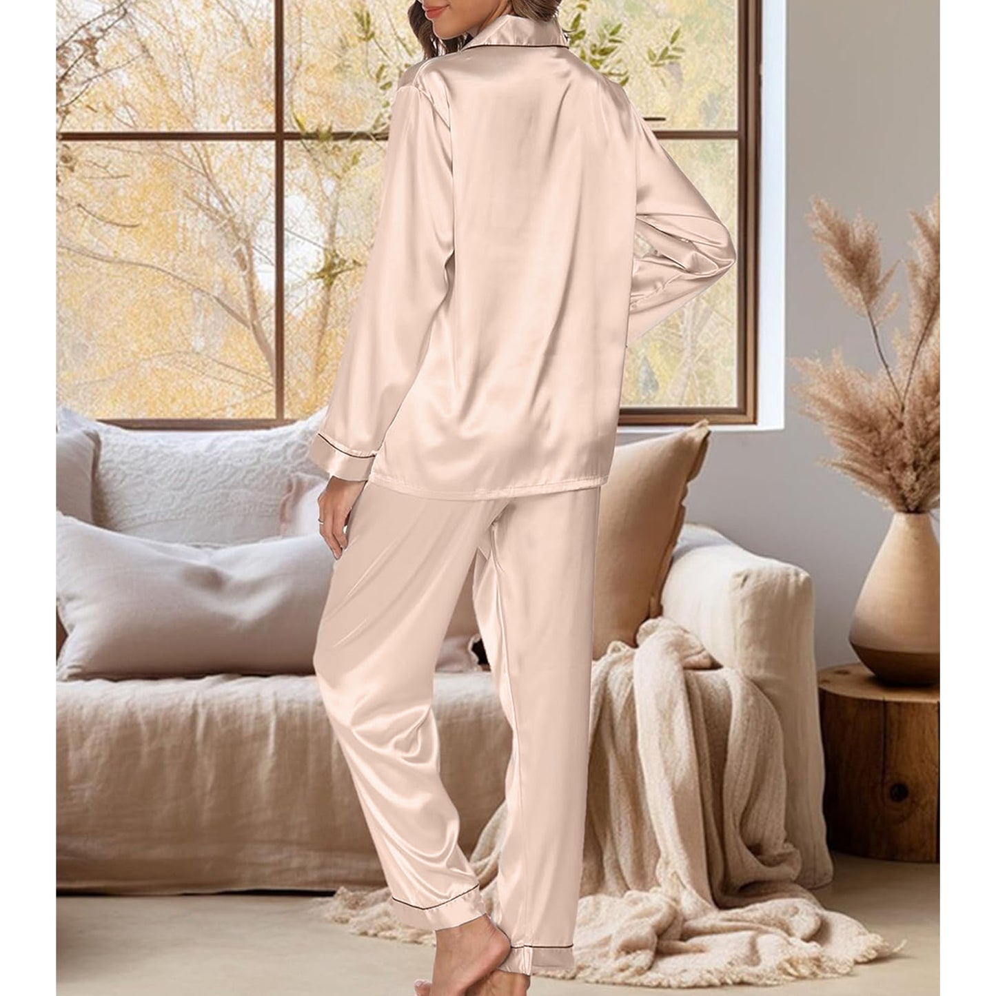 Satin Pajamas for Women 2-Piece Silk Pajama Set Long Sleeve Sleepwear - Champagne