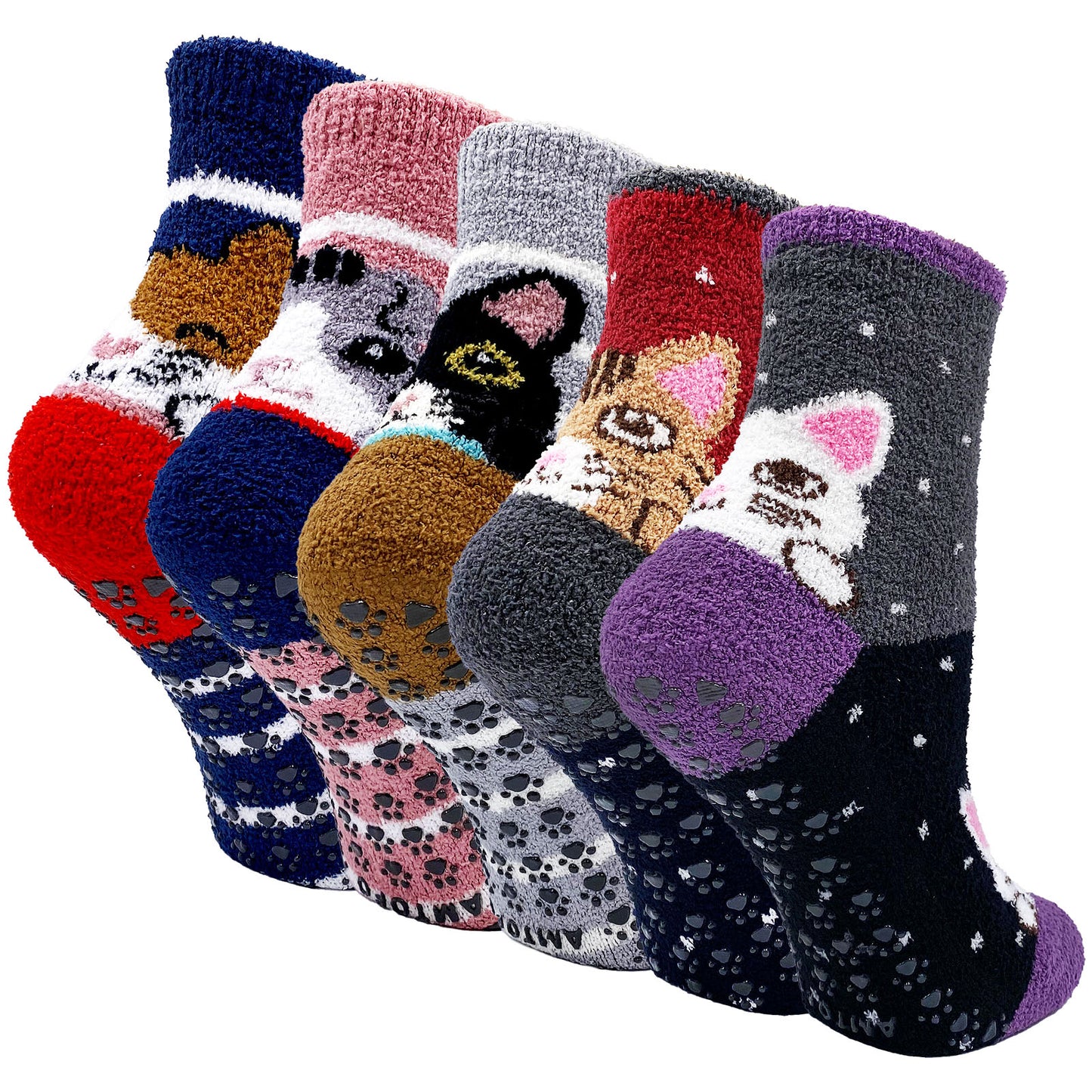 AMITOFO Women Fuzzy Socks Cute Cat Slipper Socks with Non Slip Grip Winter Warm Soft Comfy Fluffy Socks Gift for Women,5 Pairs Size 5-10