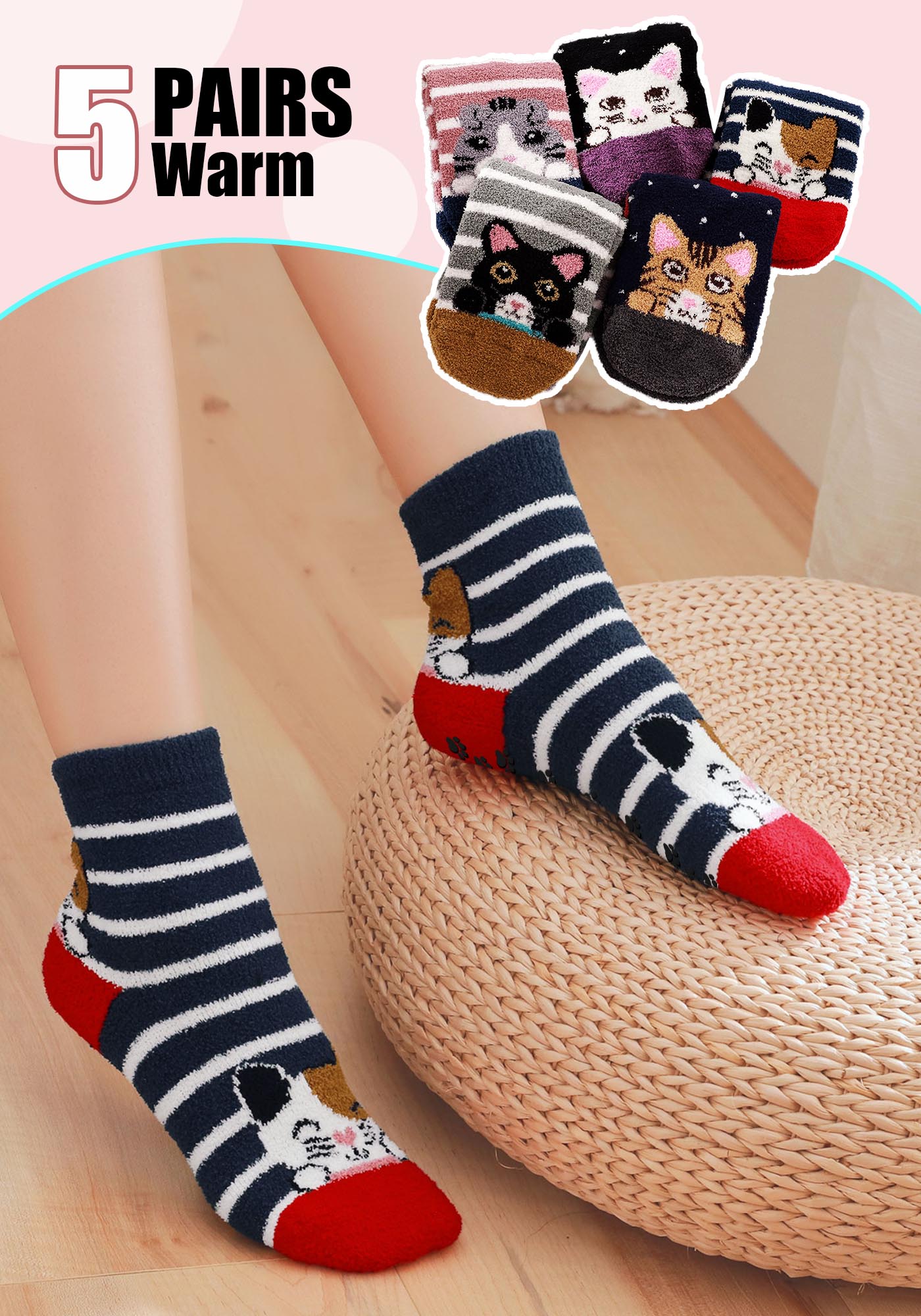 AMITOFO Women Fuzzy Socks Cute Cat Slipper Socks with Non Slip Grip Winter Warm Soft Comfy Fluffy Socks Gift for Women,5 Pairs Size 5-10