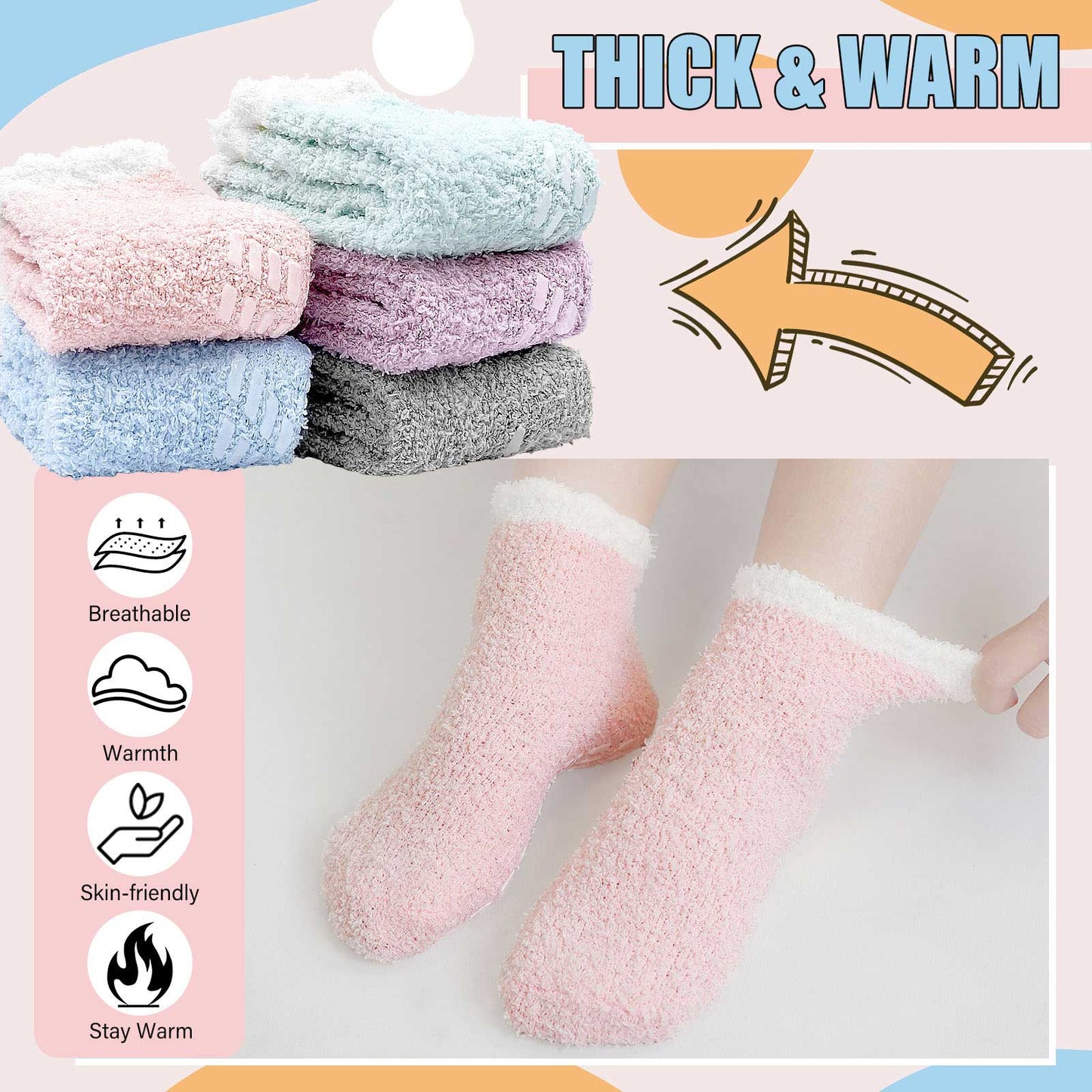 ZFSOCK Fuzzy Socks 5 Pairs Slipper Socks for Women Soft Cozy Plush Fluffy Socks with Grips Non Slip Winter Warm Sock , Size 6-10