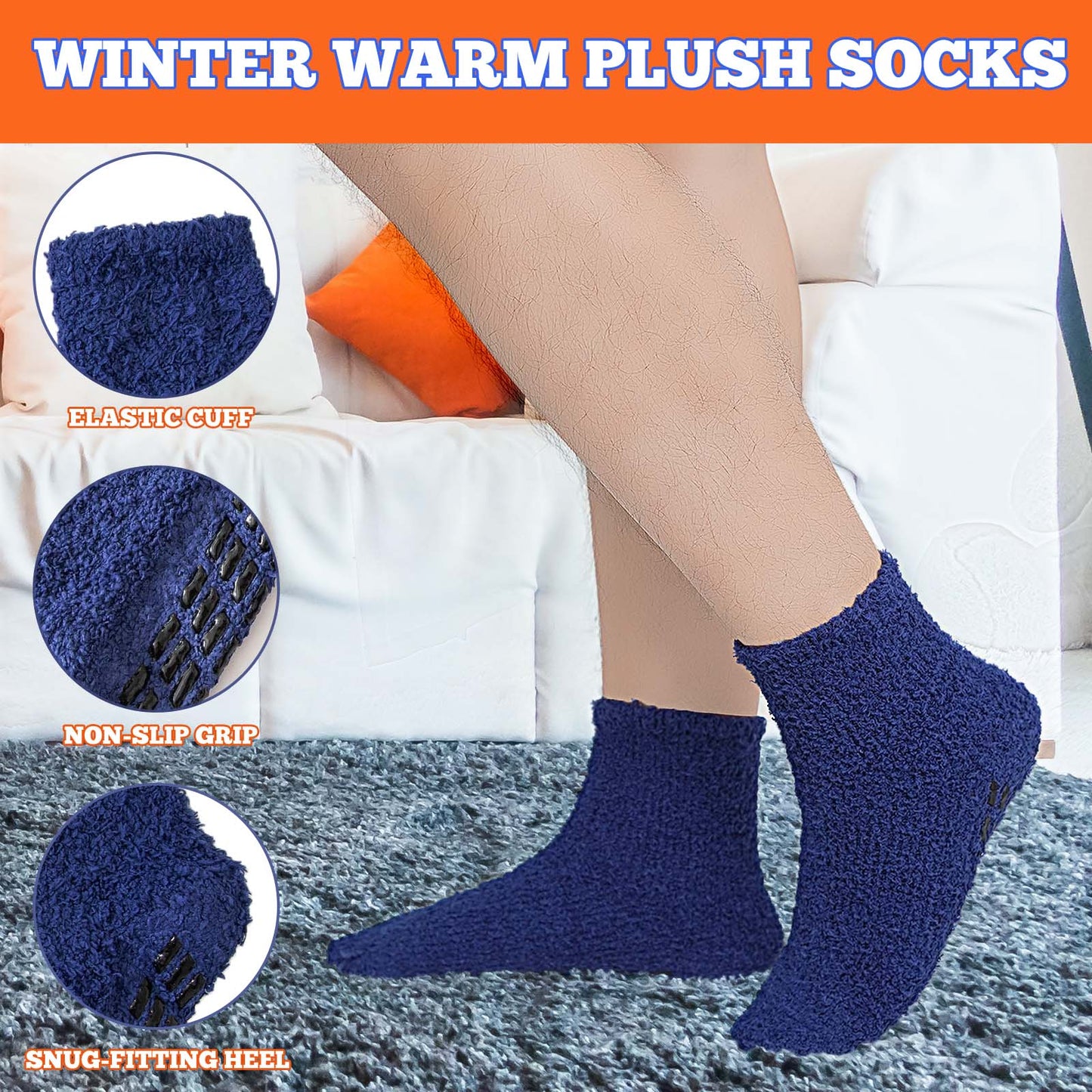 ZFSOCK Fuzzy Socks Mens Soft Cozy Fluffy Slipper Socks Non Slip Grip Socks Winter Warm Plush Sleep Sock 5 Pairs , Size 6-12