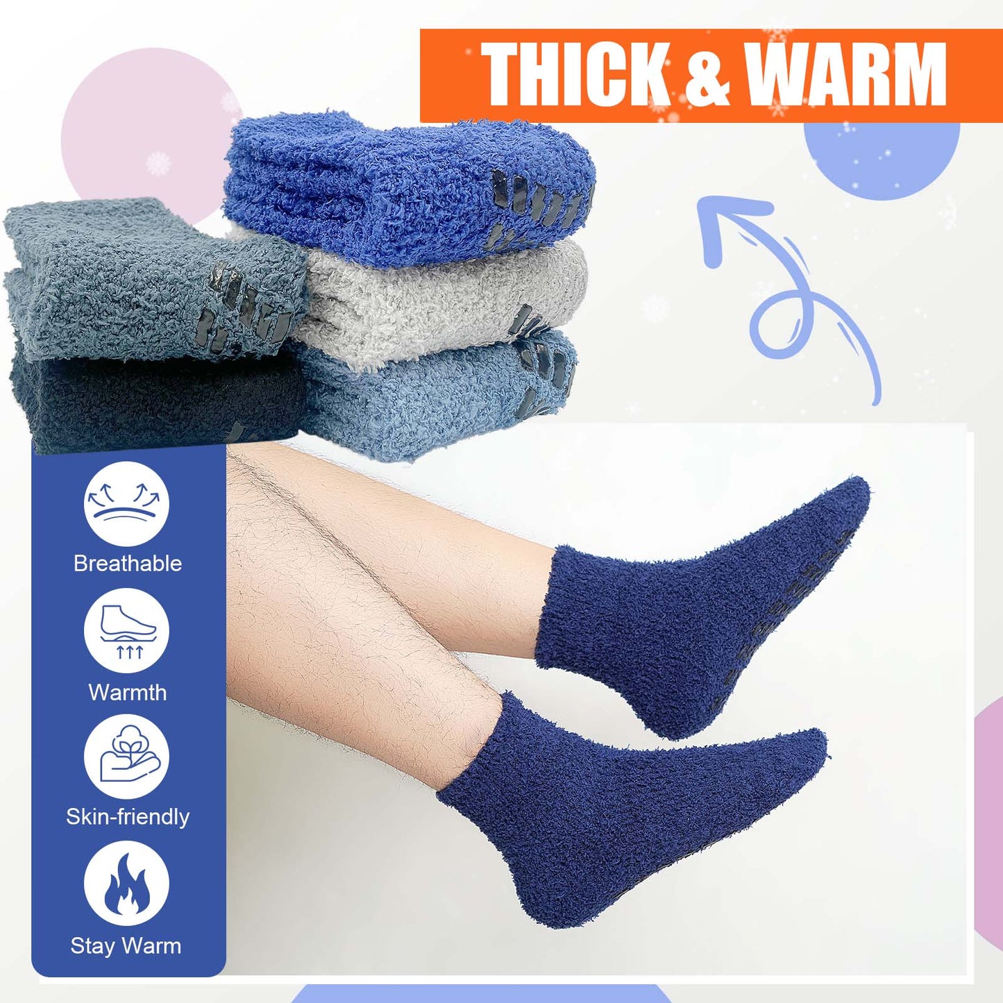 ZFSOCK Fuzzy Socks Mens Soft Cozy Fluffy Slipper Socks Non Slip Grip Socks Winter Warm Plush Sleep Sock 5 Pairs , Size 6-12