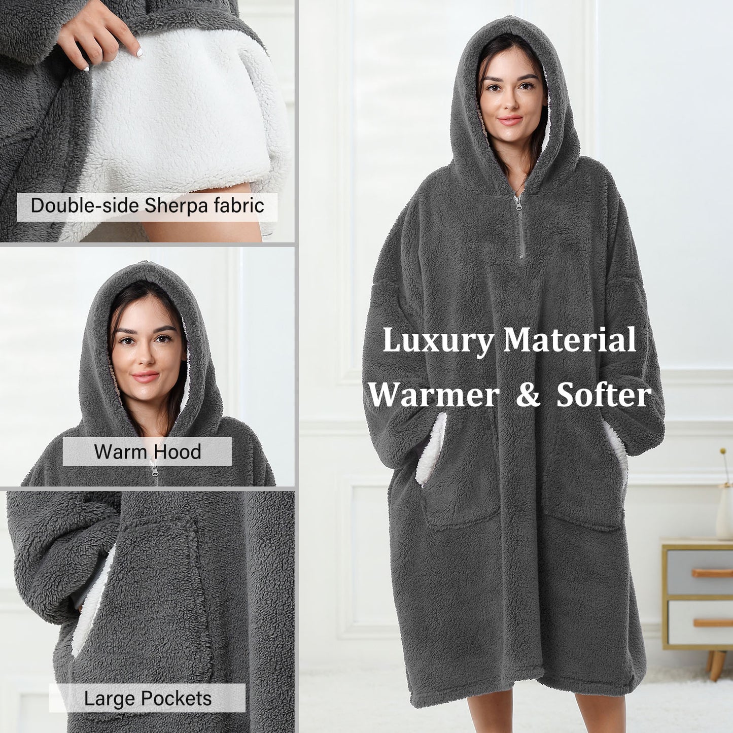 ZFSOCK Wearable Blanket Oversized Blanket Hoodie for Women Men , Soft Comfy Warm Sherpa Fleece Sweatshirt Snuggie with Zipper and Deep Pockets, Winter Gifts Girlfriend Mom - Gray