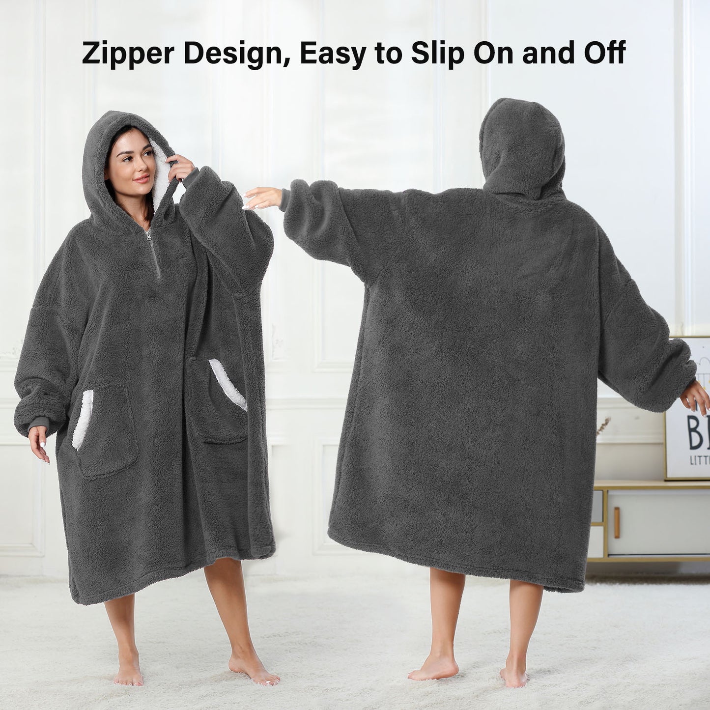 ZFSOCK Wearable Blanket Oversized Blanket Hoodie for Women Men , Soft Comfy Warm Sherpa Fleece Sweatshirt Snuggie with Zipper and Deep Pockets, Winter Gifts Girlfriend Mom - Gray