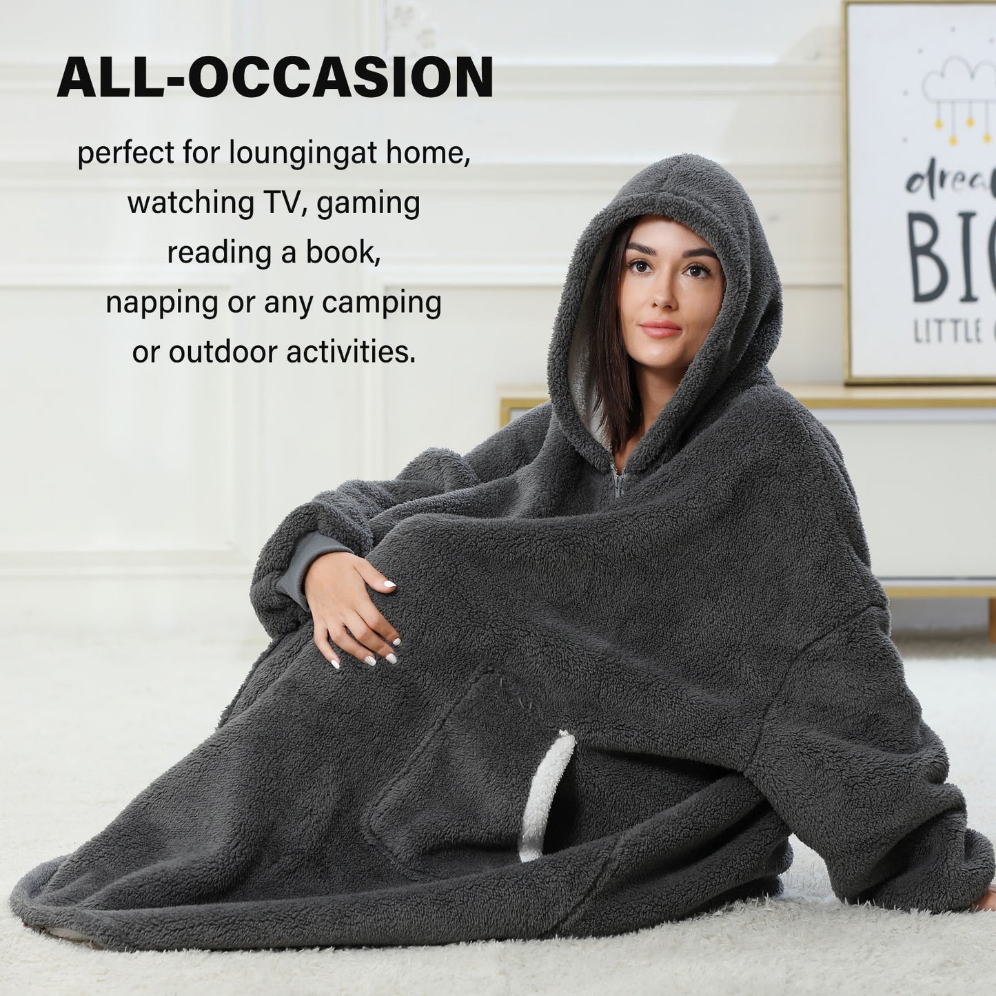 ZFSOCK Wearable Blanket Oversized Blanket Hoodie for Women Men , Soft Comfy Warm Sherpa Fleece Sweatshirt Snuggie with Zipper and Deep Pockets, Winter Gifts Girlfriend Mom - Gray