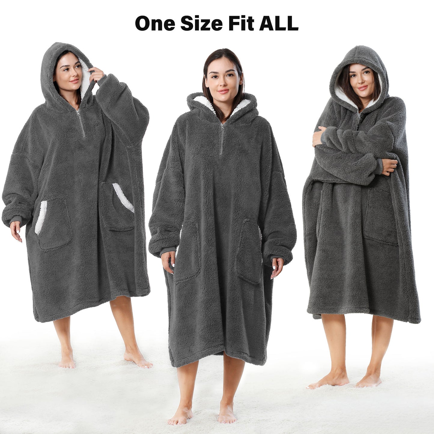 ZFSOCK Wearable Blanket Oversized Blanket Hoodie for Women Men , Soft Comfy Warm Sherpa Fleece Sweatshirt Snuggie with Zipper and Deep Pockets, Winter Gifts Girlfriend Mom - Gray