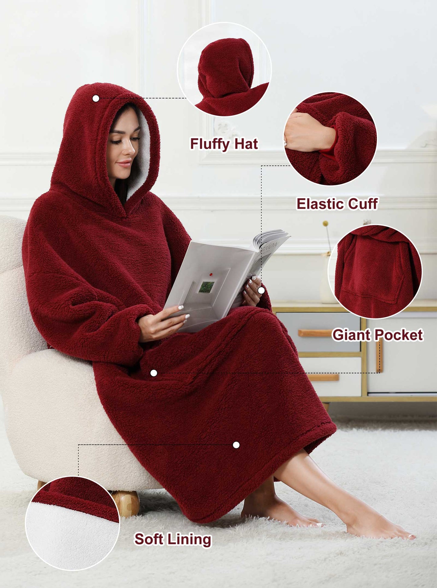 ZFSOCK Wearable Blanket, Oversized Sherpa Blanket Hoodie with Giant Pocket and Sleeve for Adults Women Men, Soft Comfy Warm Fleece Sweatshirt Winter Gift (Burgundy)