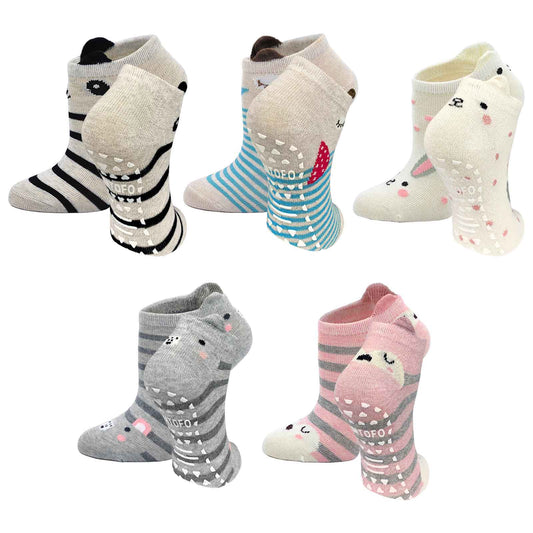 ZFSOCK Girls Kids Socks Ankle Low Cut Non Slip Socks with Grips Cotton Funny Novelty Animal Toddler Socks 5 Pairs