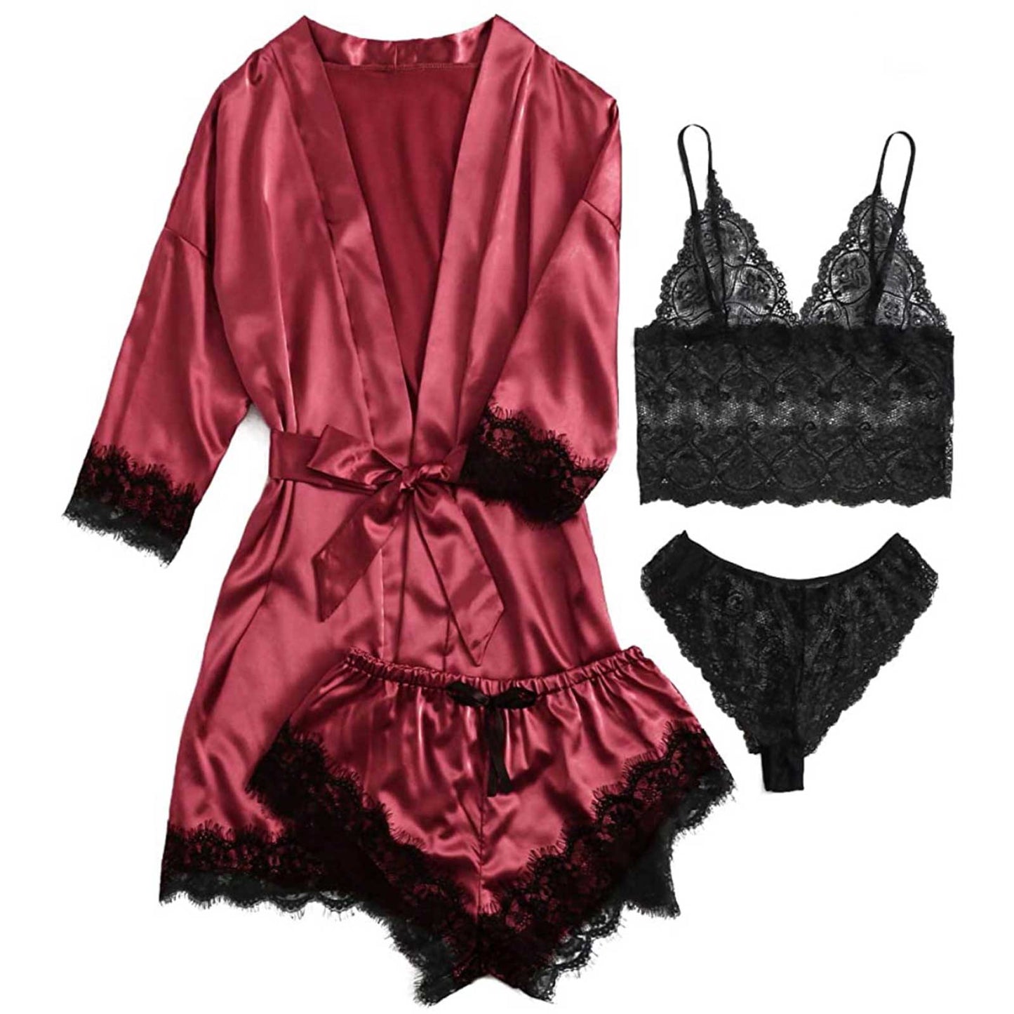 ZFSOCK Robes for Women Satin Silk Pajamas Set 4pcs Lace Trim Cami Sexy Lingerie Sleepwear Underwear