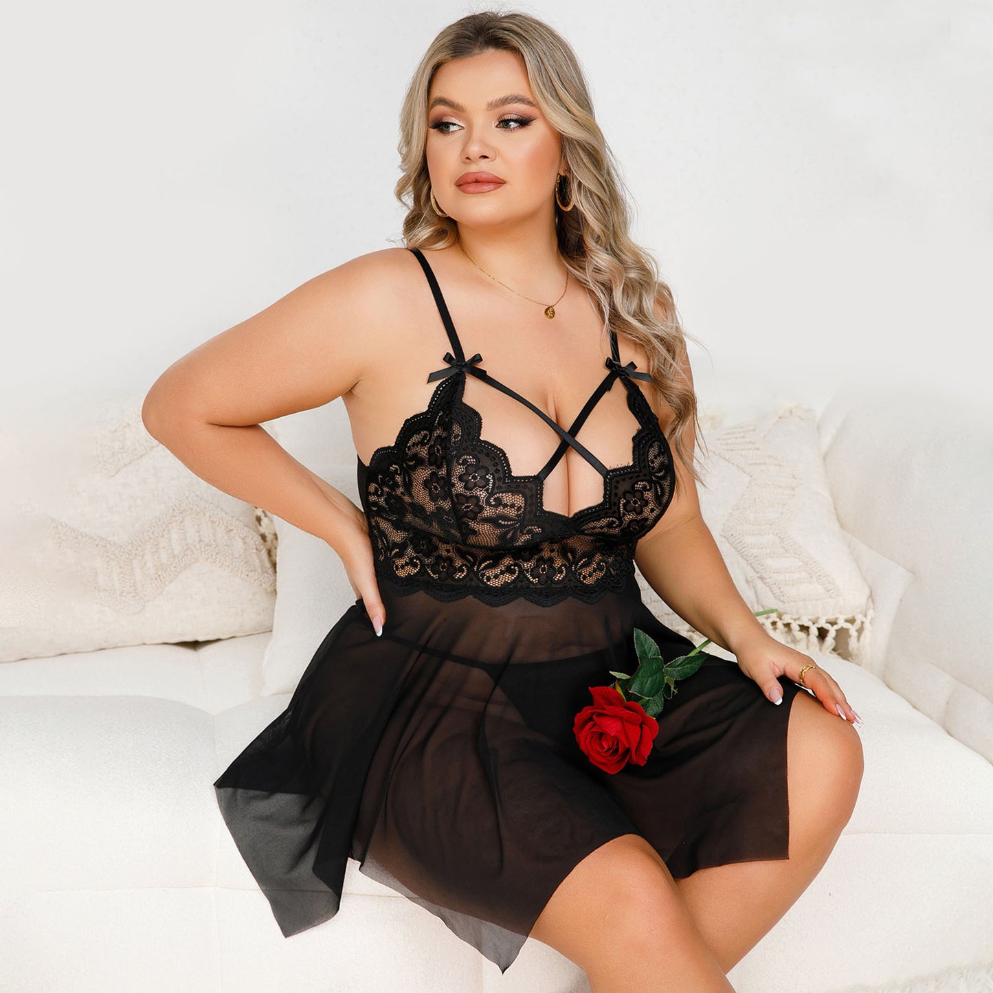 Lingerie for Women,AMITOFO Womens Lingerie Plus Size Sexy, Lace Babydoll Chemises Womens Nighties with V Neck, 2 Pieces Intimates Womens Lingerie size in XL 2XL 3XL 4XL, Black