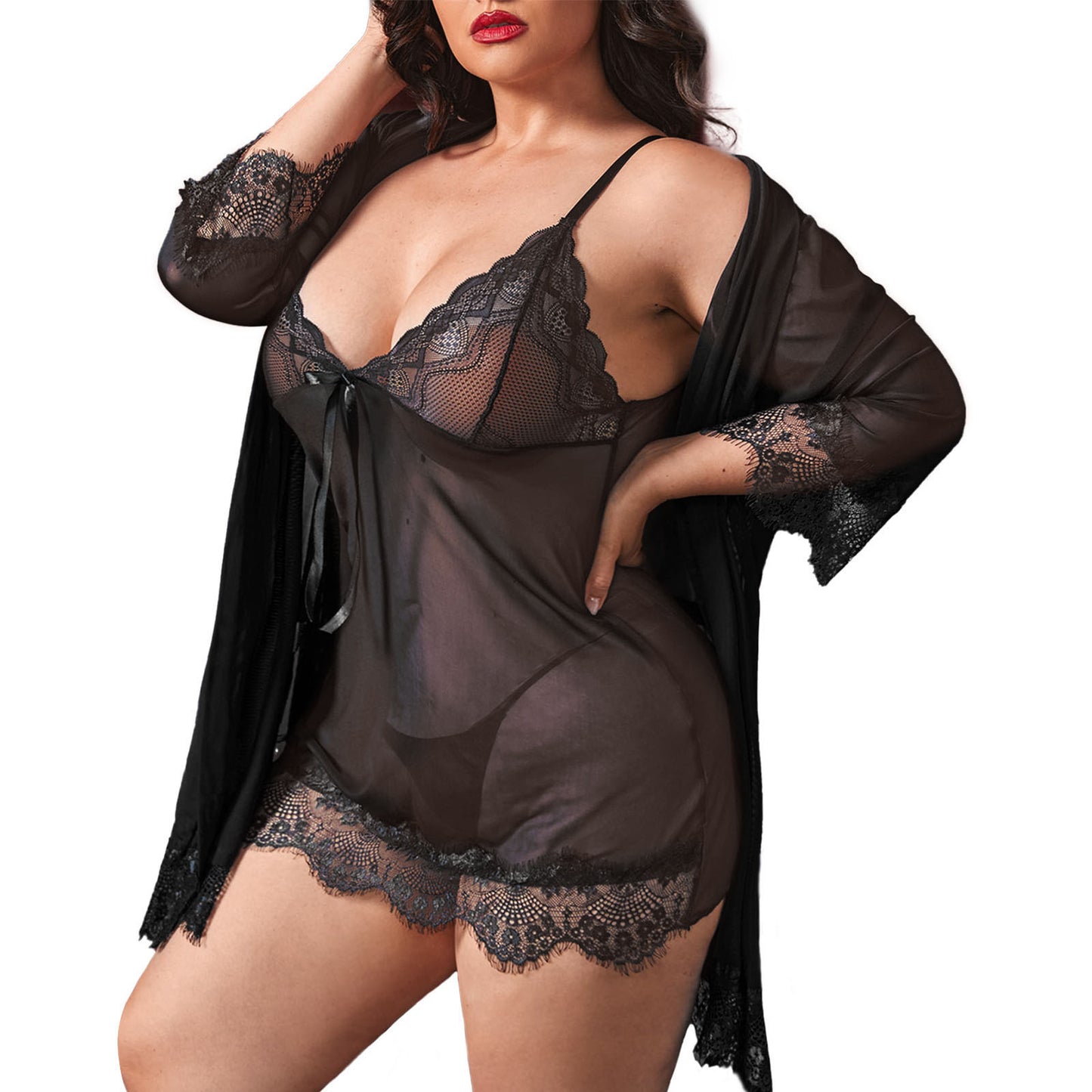 Plus Size Lingerie for Women 3-Piece Sexy Sleepwear Set V-Neck Nightgowns - Black