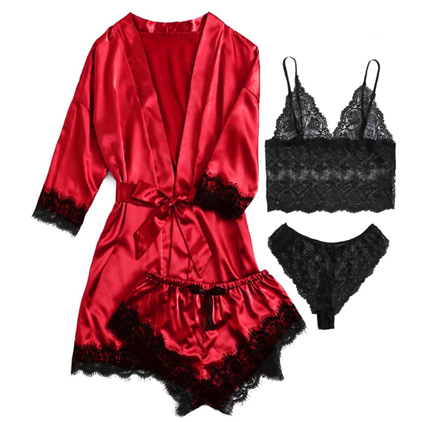 ZFSOCK Robes for Women Satin Silk Pajamas Set 4pcs Lace Trim Cami Sexy Lingerie Sleepwear Underwear