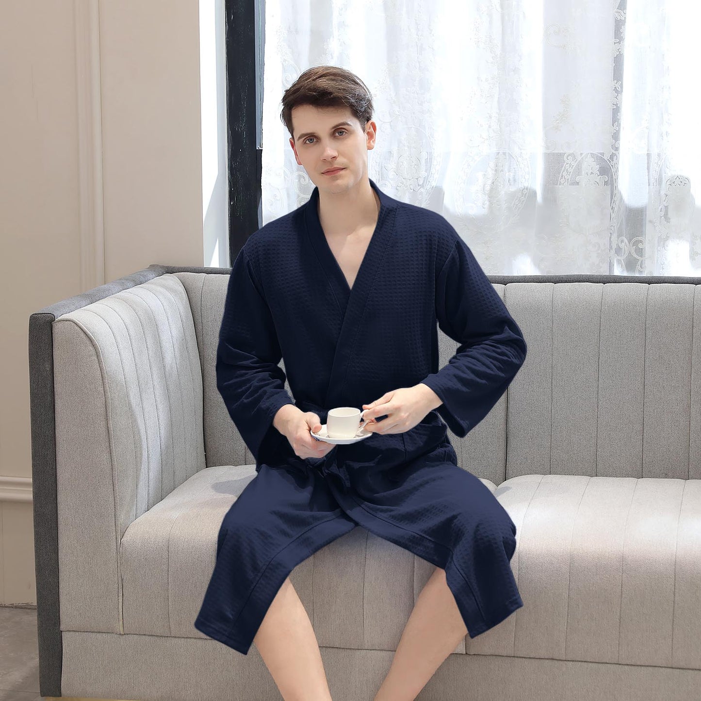 Unisex Bathrobe Soft Knit Robe for Men and Women Lightweight Navy Blue