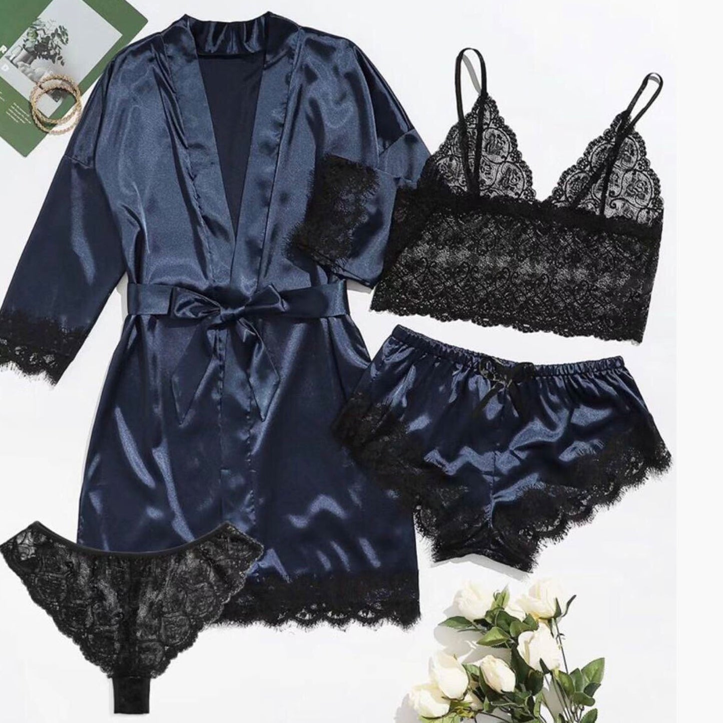 ZFSOCK Robes for Women Satin Silk Pajamas Set 4pcs Lace Trim Cami Sexy Lingerie Sleepwear Underwear