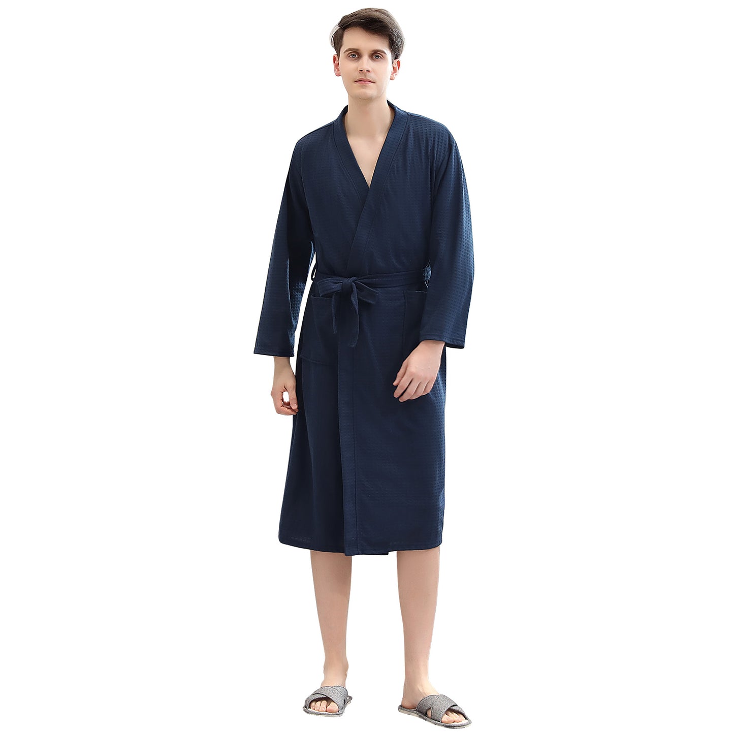 Unisex Bathrobe Soft Knit Robe for Men and Women Lightweight Navy Blue