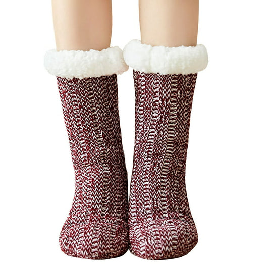 ZFSOCK Women Slipper Fuzzy Socks Fluffy Sherpa Lined Soft Thick Knit Fleece Non Slip Warm Socks with Grippers, Wine Red