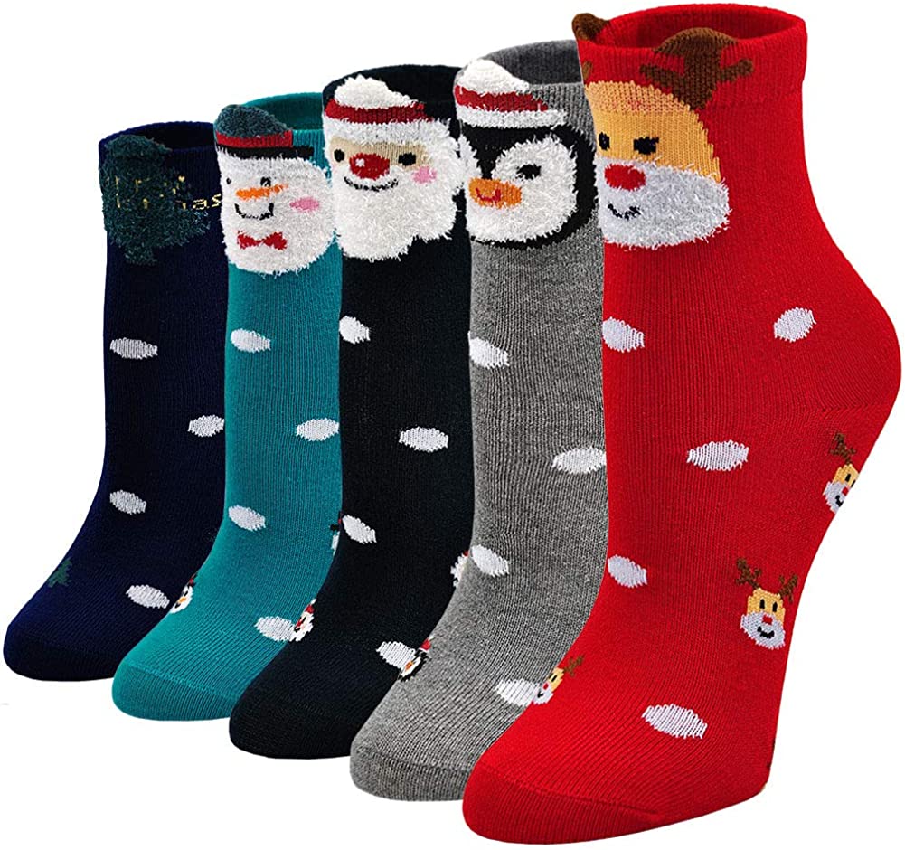 Unisex Kids Christmas Socks Boys Girls Toddler Baby Cartoon Holiday Socks with 3D Ears 5 Pairs