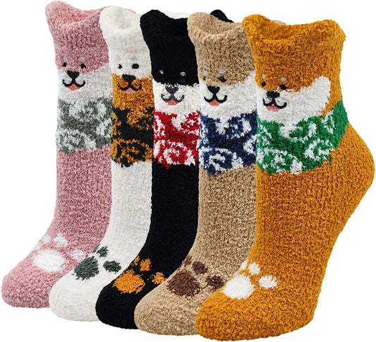 Fluffy Socks Womens Thermal Bed Socks Laides Winter Cosy Socks Fuzzy Novelty Animal Pattern Socks Super Warm Soft Funny Cute Ankle Christmas Socks 5 Pairs