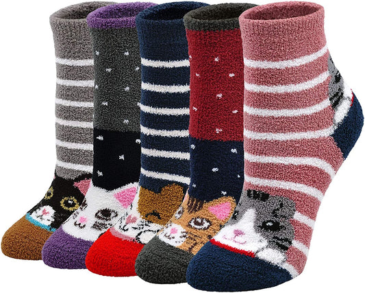 Fluffy Socks Womens Thermal Bed Socks Laides Winter Cosy Socks Fuzzy Novelty Animal Pattern Socks Super Warm Soft Funny Cute Ankle Christmas Socks 5 Pairs