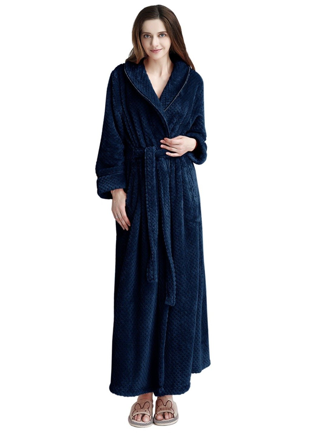 classic navy blue flannel bathrobe for women