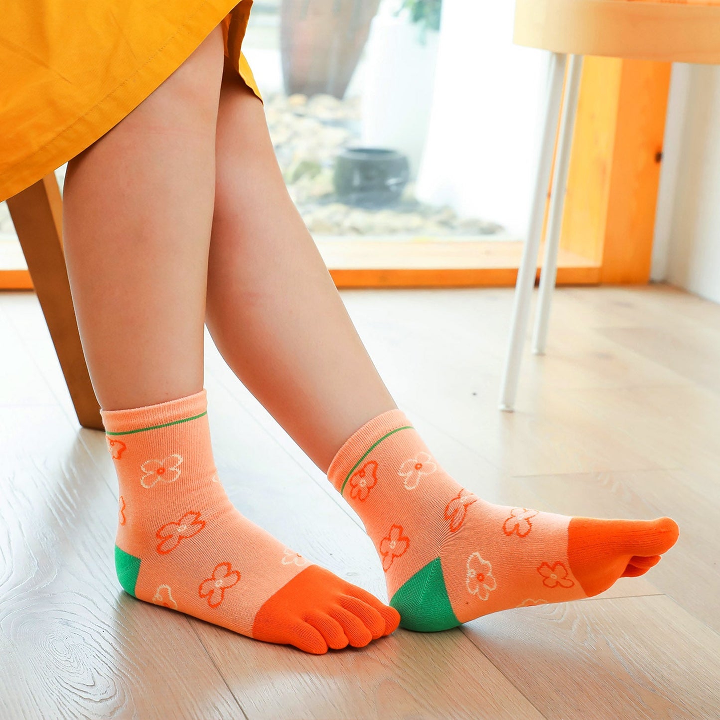 orange floral five finger socks