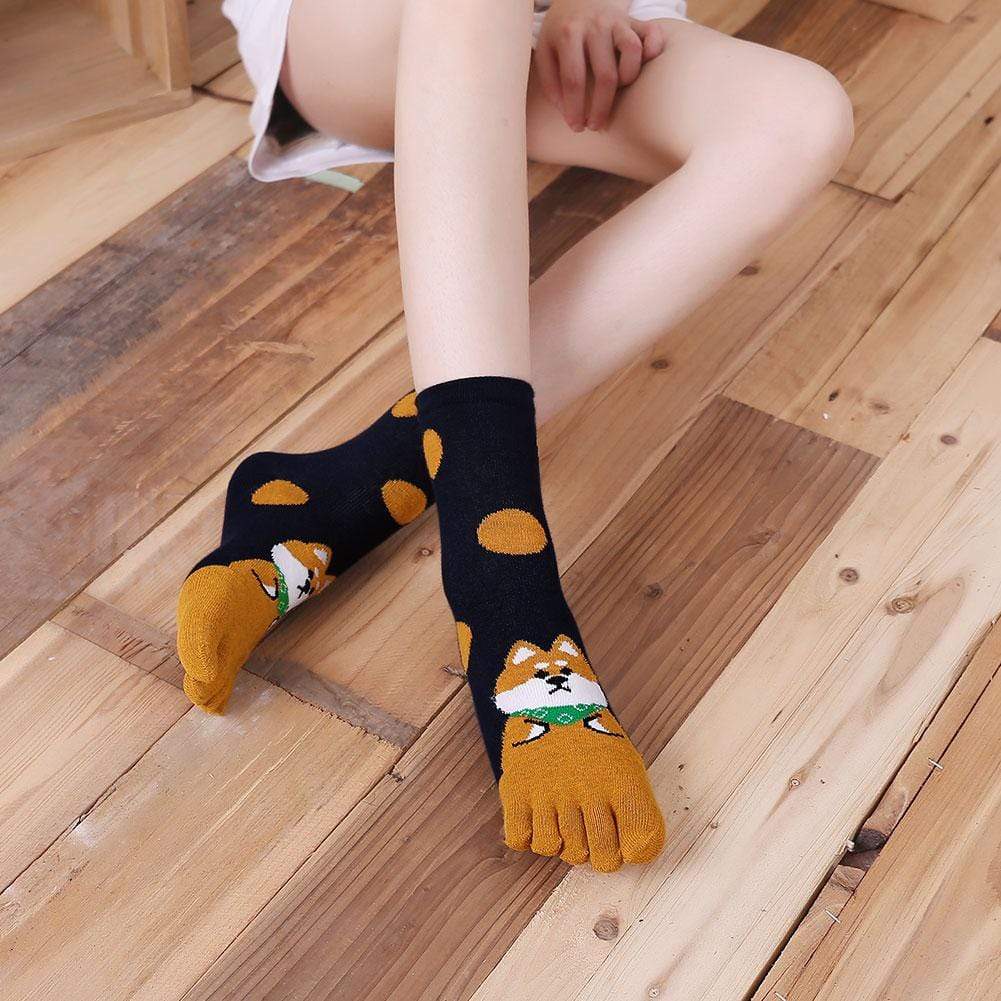 ZFSOCK Cute Polka Dots Animal Design 5 Finger Crew Socks for Women, 5 Pairs