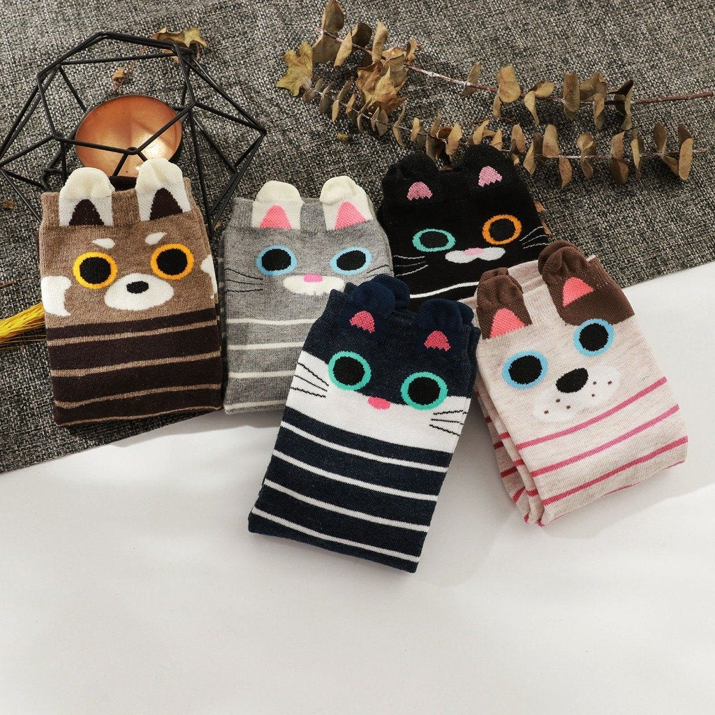 5 pairs stripes animal socks for women