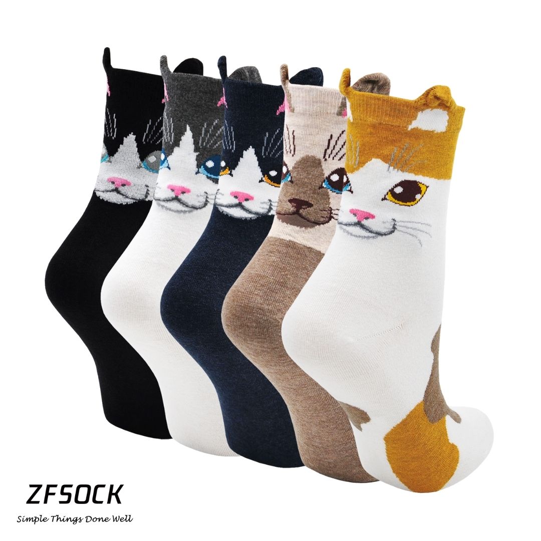 ZFSOCK Cute Cat Face Design Crew Socks for Women, 5 Pairs