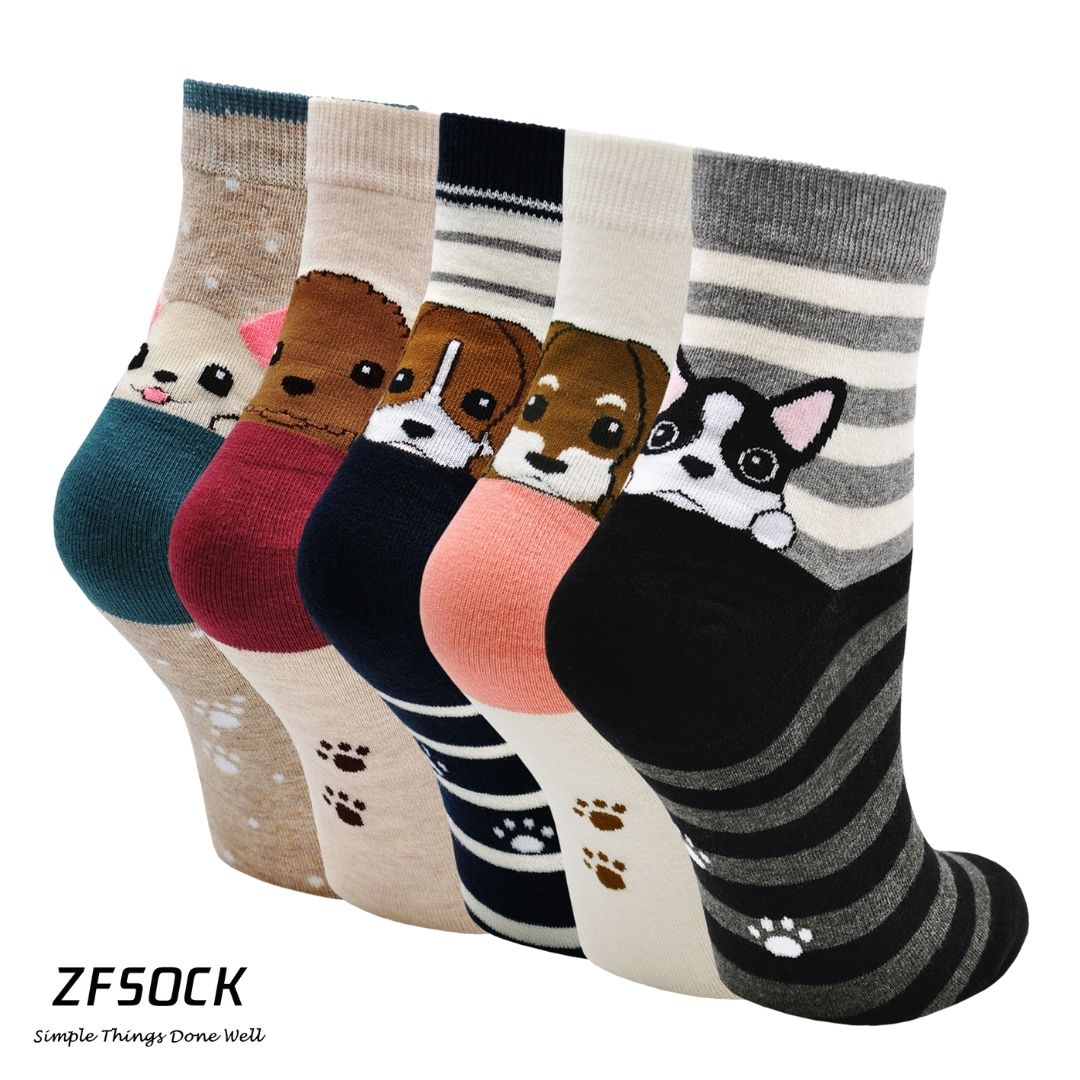 ZFSOCK Cute Dog Design Crew Socks For Women, 5 Pairs