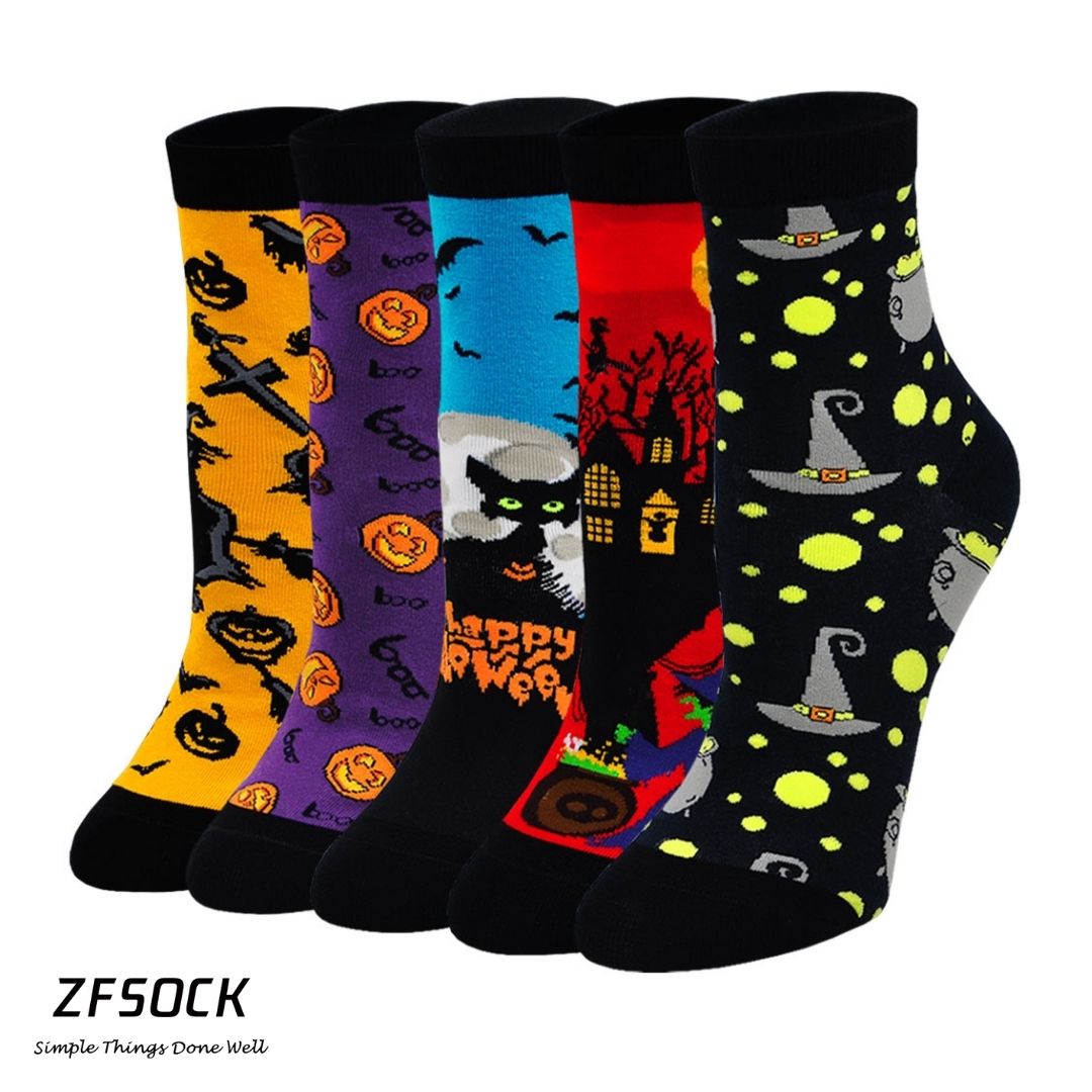 ZFSOCK Cute Halloween Scary Design Crew Socks for Women, 5 Pairs