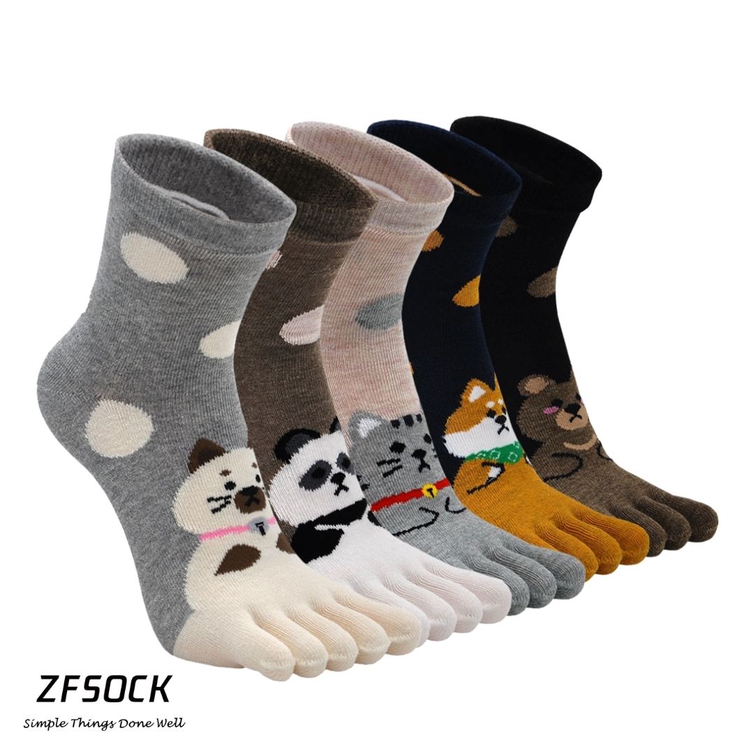 ZFSOCK Cute Polka Dots Animal Design 5 Finger Crew Socks for Women, 5 Pairs