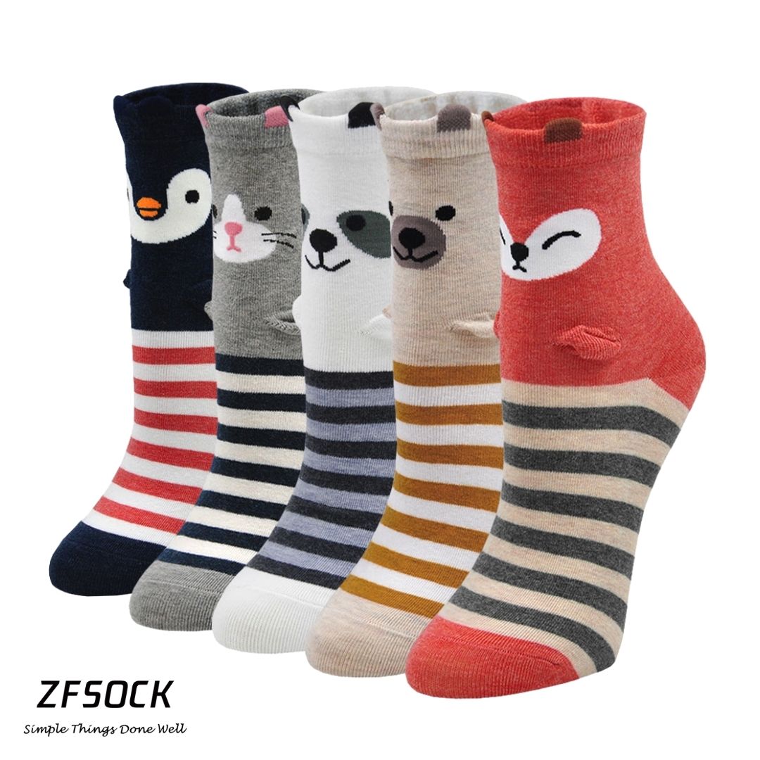 ZFSOCK Cute Stripes Animal Design Crew Socks, 5 Pairs